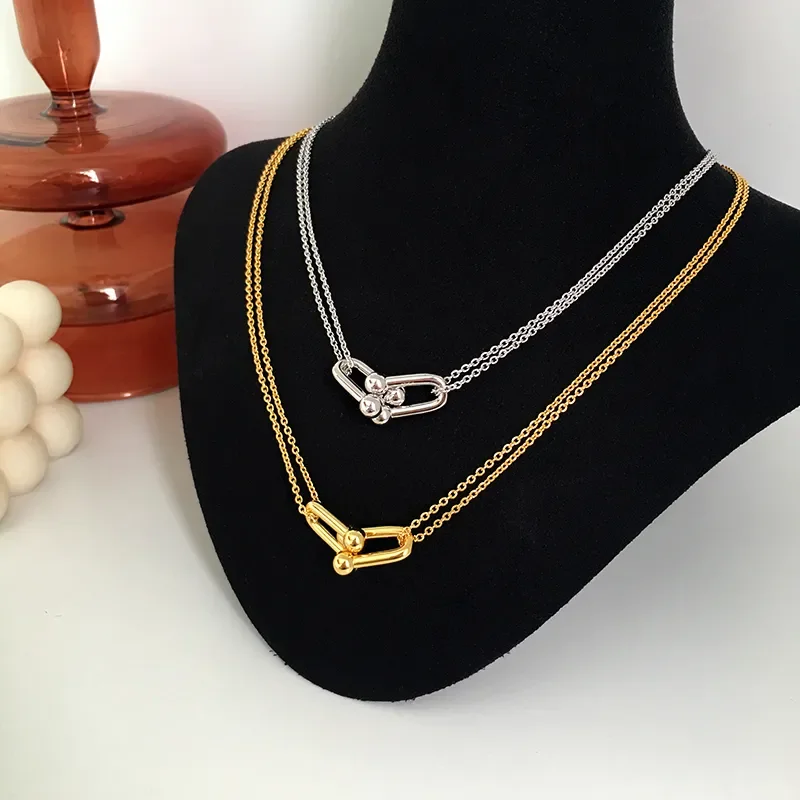 

Hot Designer Horseshoe Buckle Double Layer Locket Necklace Women Luxury Brand Choker Jewelry Trend Gold Colour Chain Necklace