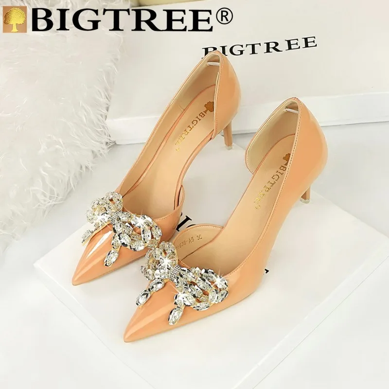 

BIGTREE Shoes Elegant Women Pumps Rhinestone Pointed Toe Patent Leather 7.5CM Thin Heels Fashion Women Dress Women Shoes Black