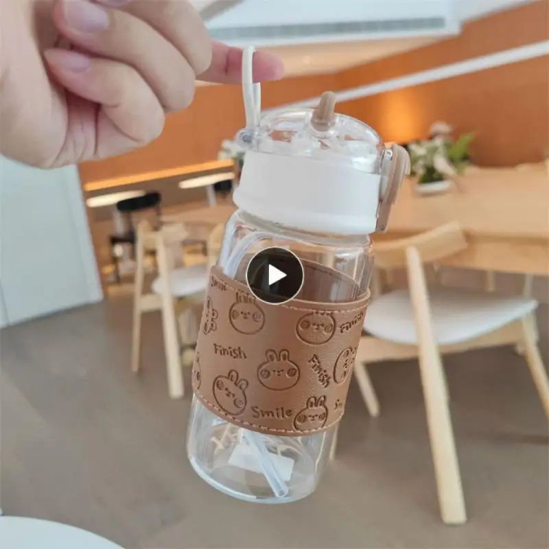 

Anti-scalding Cup Fresh With Leather Cover Glass Water Cup Couple Cup 380ml Bear Straw Water Cup Straw Water Cup