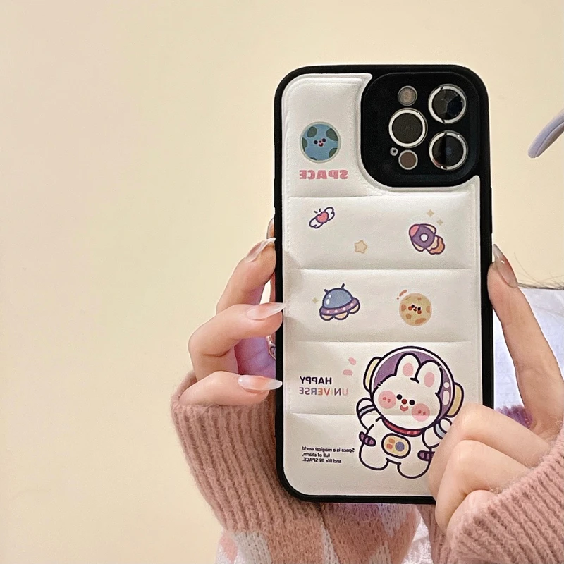 

Cute Cartoon Bear Rabbit Down Jacket The Puffer Phone Case For iPhone 13 12 11 Pro Xs Max X Xr 7 8 Puls SE Soft Leather Cover