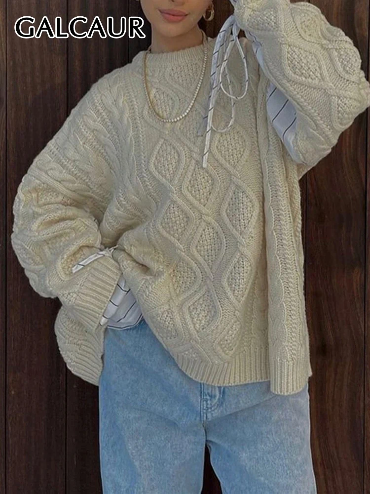 

GALCAUR Knitted Striped Sweaters For Women O Neck Long Sleeve Loose Patchwork Drawstring Hit Color Autumn Korean Sweater Female