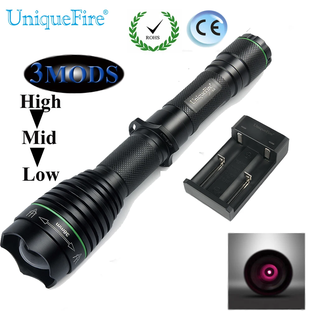 

UniqueFire 1508 T38 Zoom IR 940nm Hunting Night Vision Infrared Flashlight 3 Modes 38mm Lens Tactical Light+2 Slot USB Charger