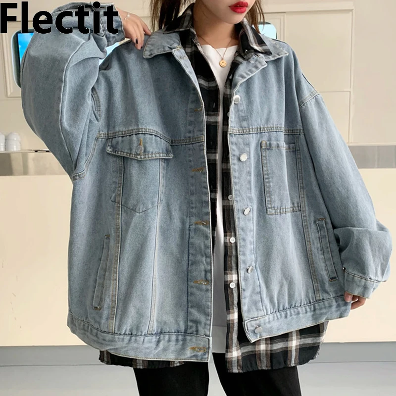 

Flectit Oversized Denim Jacket Women Baggy Retro Jean Jacket Ladies Spring Fall Grunge Outfit