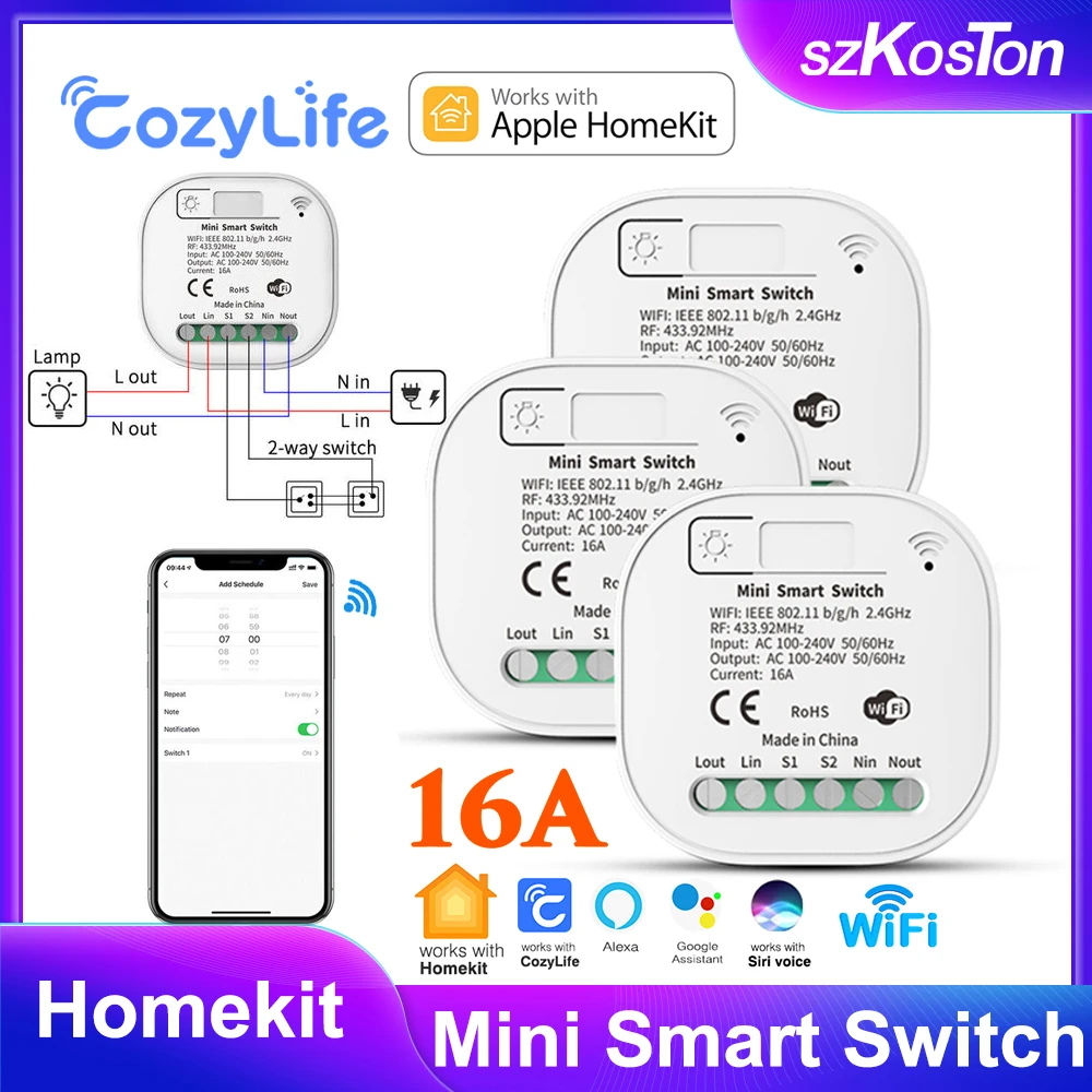 

HomeKit WiFi +RF433 Mini Smart Switch 16A 2-Way Control Light Switches Breaker Module Timer Work with Alexa Google Home Cozylife