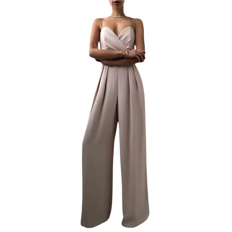 

Women's Casual Sleeveless Jumpsuit With Pleated Decoration High Waist Wide Leg Solid Color Summer Clothing High Streetwear