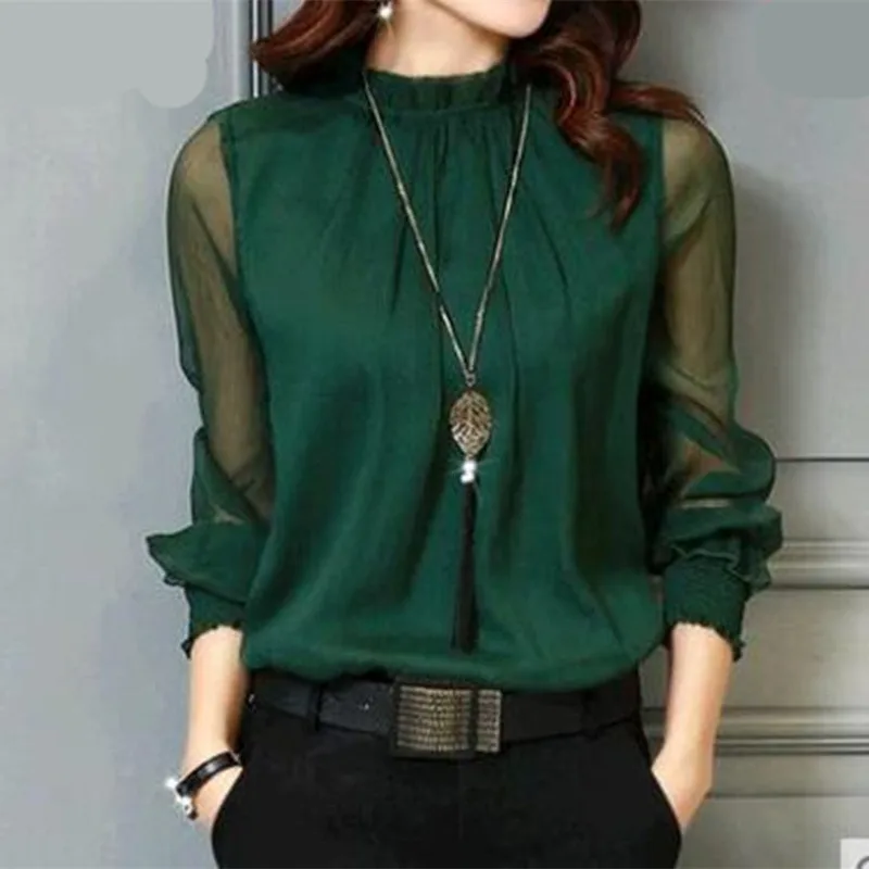 

Women's Blusas Chiffon Blouse New Women Tops Long Sleeve Stand Neck Work Wear Shirts Elegant Lady Casual Blouses Plus Size