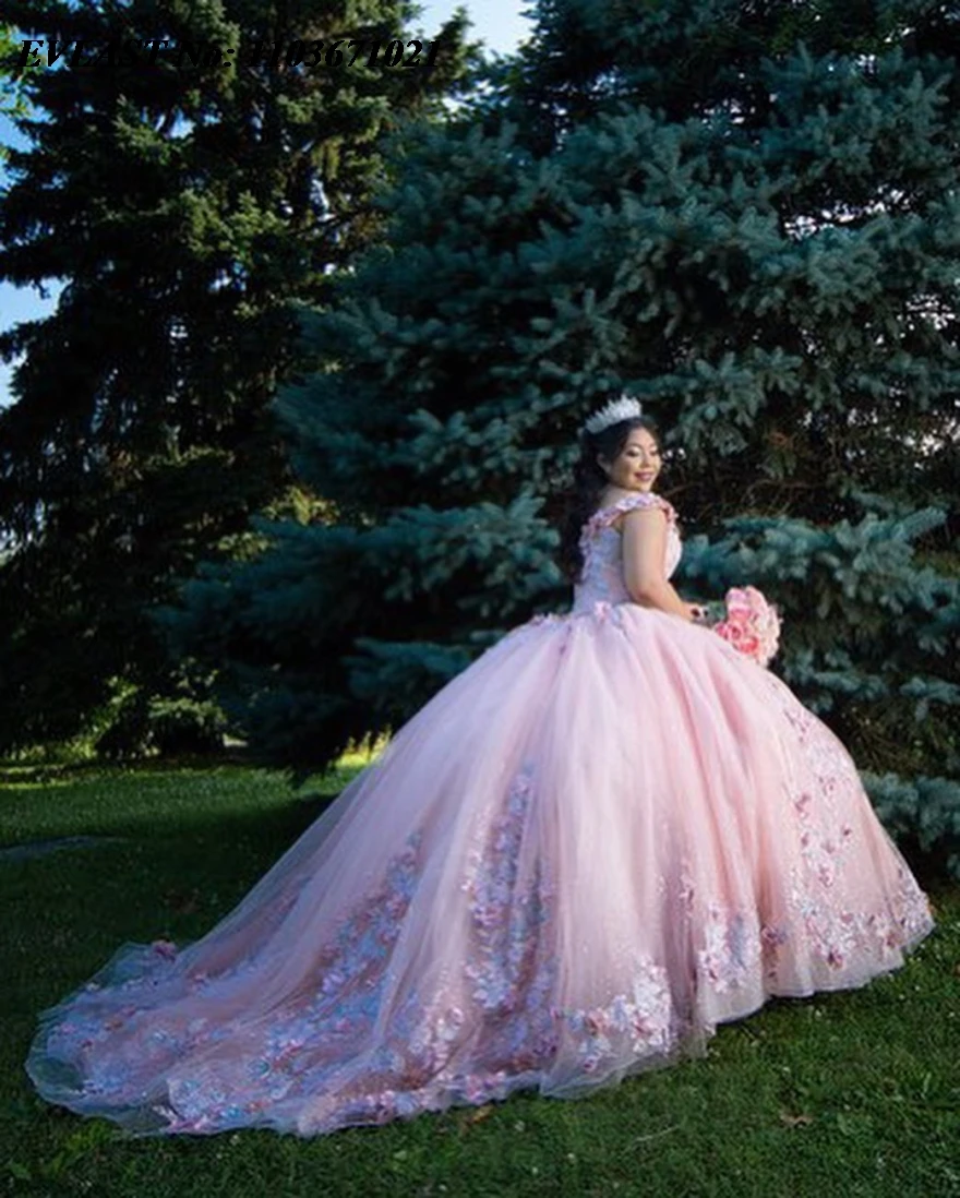 Блестящее розовое платье EVLAST Quinnceanera бальное 3D Цветочная аппликация бисером
