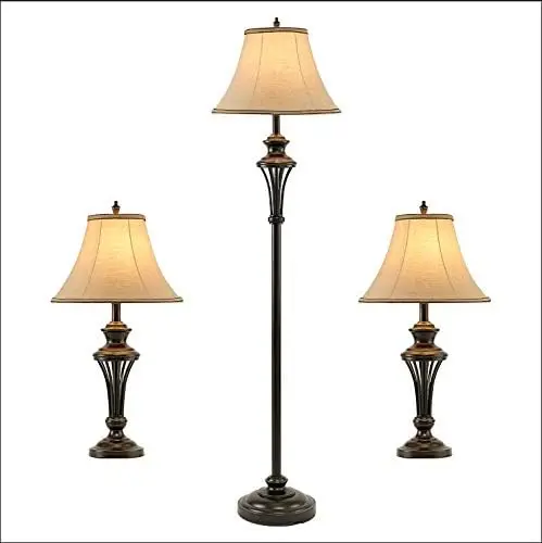 

3 Pack Lamp Set (2 Table Lamps, 1 Floor Lamp), 3-Piece Vintage Style Table and Floor Lamp Set in Bronze Finish with Brown Fabric