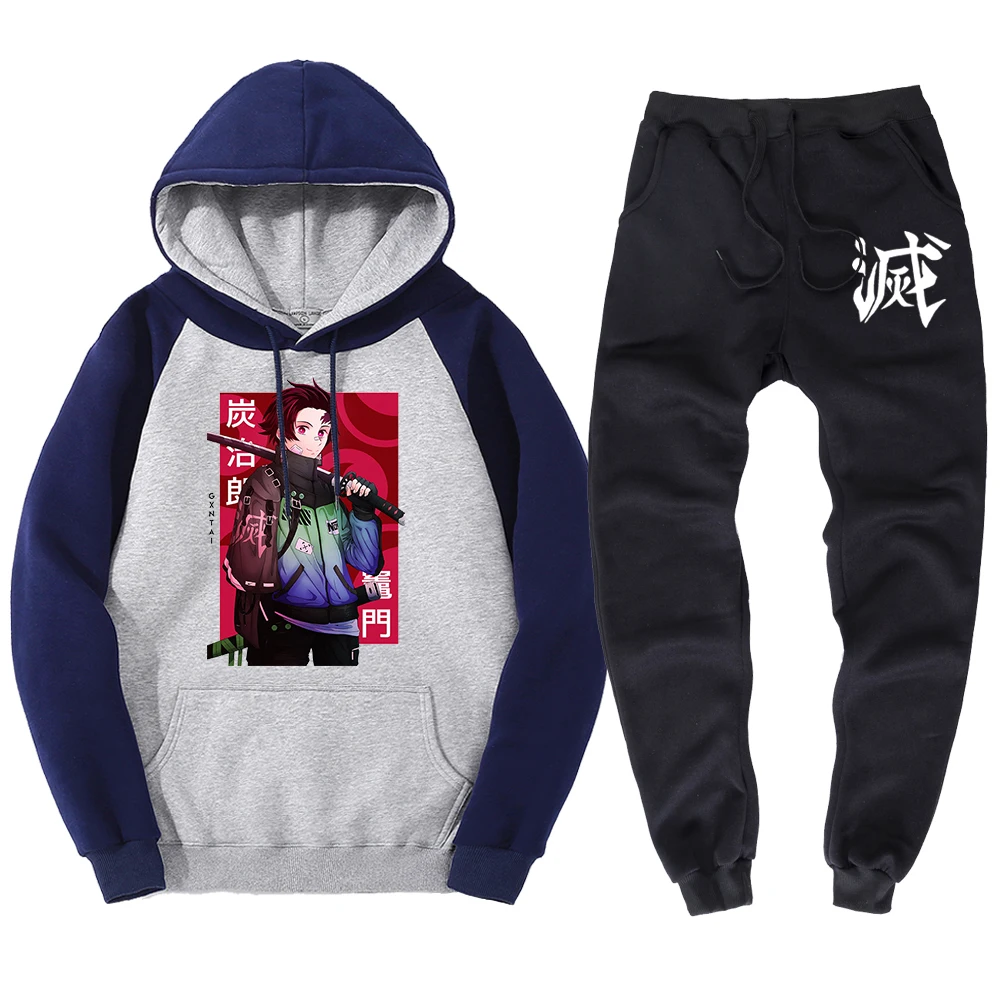 

Tanjirou Kimetsu No Yaiba Demon Slayer Art Men Hoodie Suit Street Fleece Hoody Pant Hipster Autumn Street Sets Loose Clothes Man