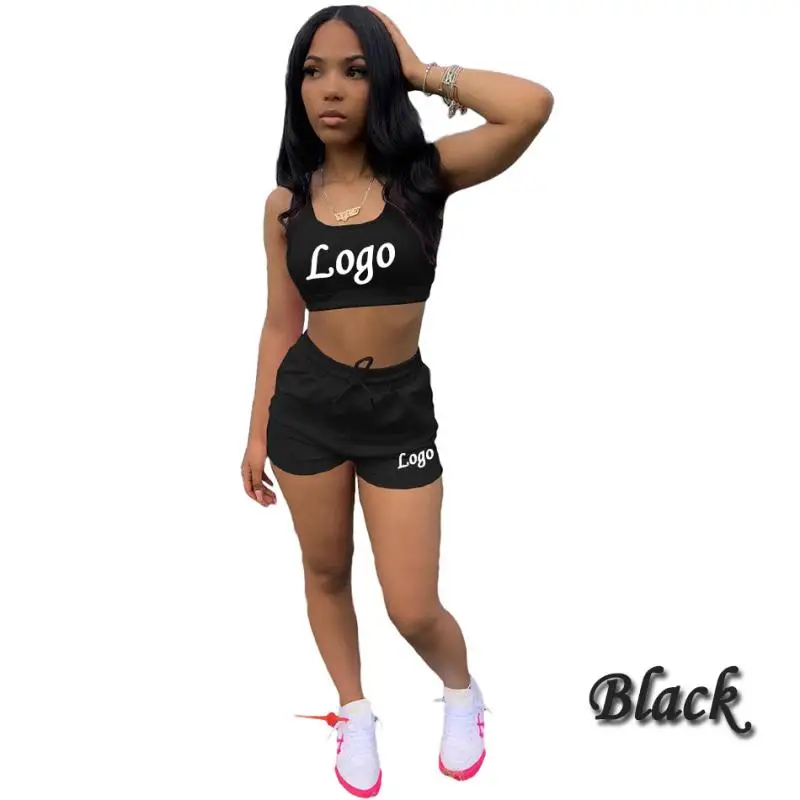 Summer Custom Logo/Text Brand Women's Shorts Set Cropped Top Sports Vest+Pocket Drawstring Shorts Two-piece Tracksuit Outfits