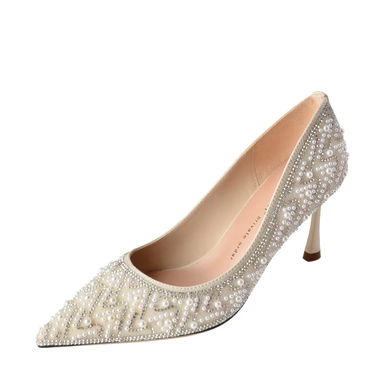 

2023 Newly Comfortable and Elegant Women's Heels Pearl Lace Pointed Toe Thin Summer Wedding Bridemaids Pumps for Party Dancing