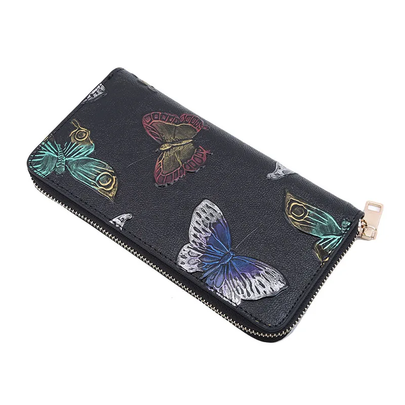 

Women Long Wallet Leather 3D Embossing Rose Dragonfly Butterfly Lady Clutch Bag Large Capability Female Zipper Purse