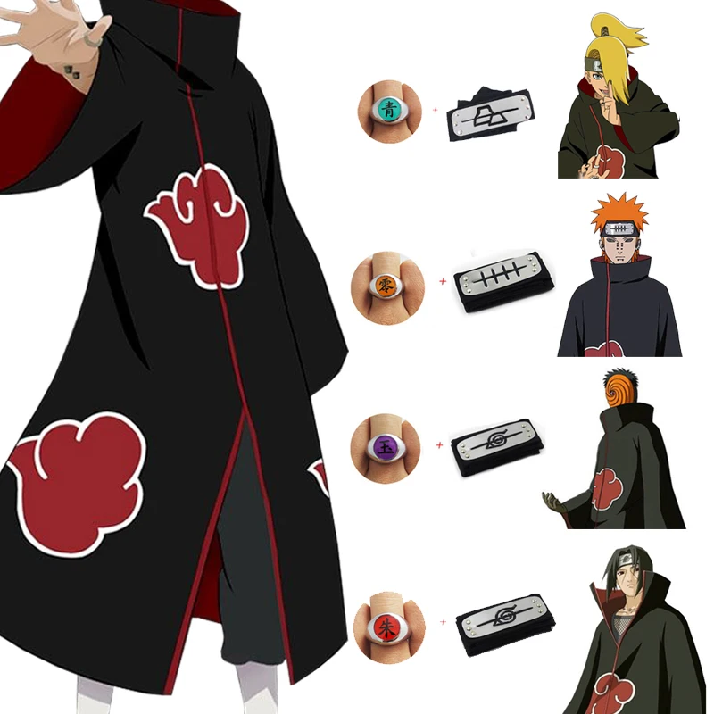 

Akatsuki Cloak Ring Headband Naruto Tobi Obito Cosplay Costume Anime Cape Long Sleeve Clothing Red Cloud Robe For Kids Aldult
