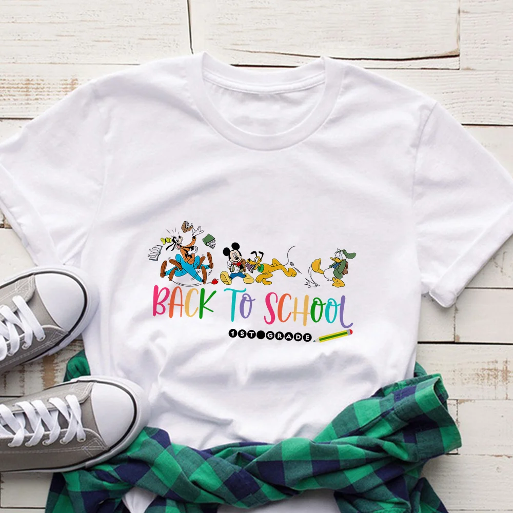 

Mickey and Friends Back To School Printed T-shirt Disney Fashion Cartoon Cute Girl Clothes Casual Basic White Tops T Shirt Women