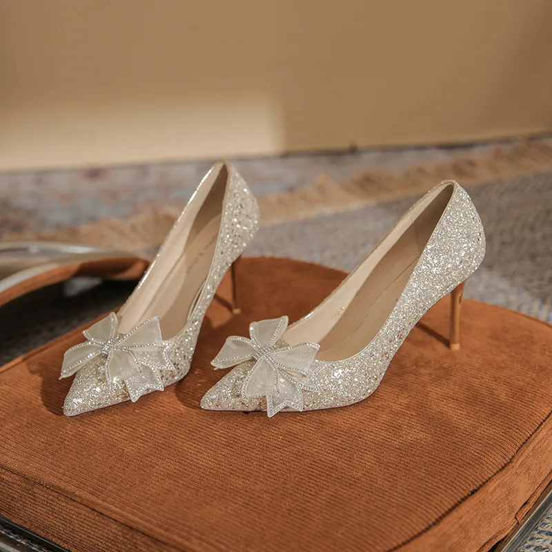 French Style High Heel Wedding Party Shoes with Rhinestone Butterfly Bow and Pointed Toe for Women's Elegance
