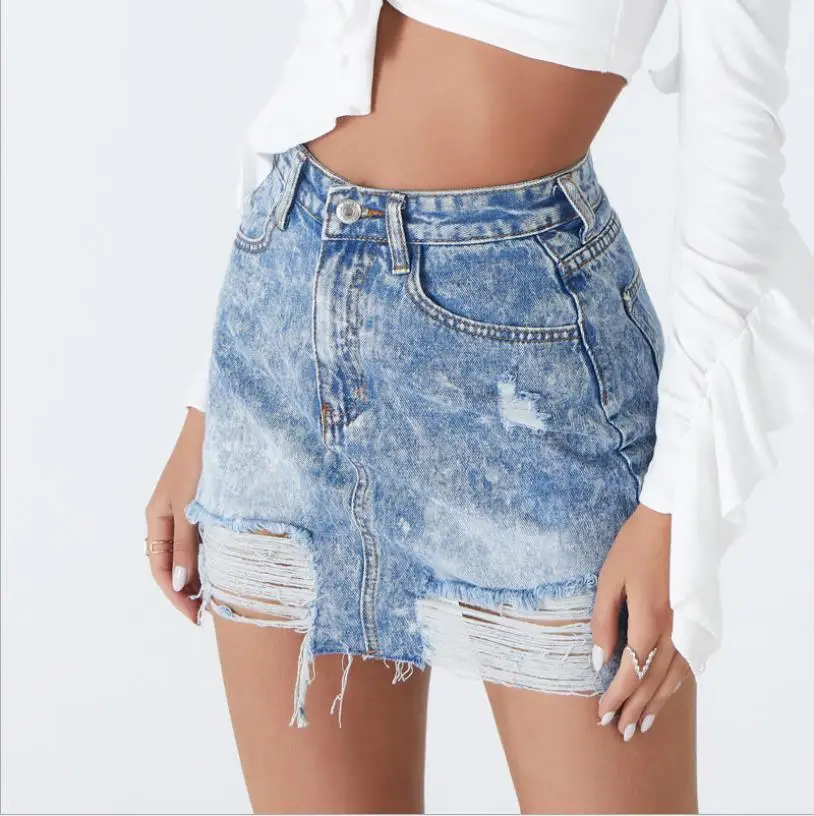 

2023 New Women's Washed Mini Denim Skirt High Waist Distressed Ripped Snowflake Fringed Hole Bag Hip Skirt Short Skirt Clothing