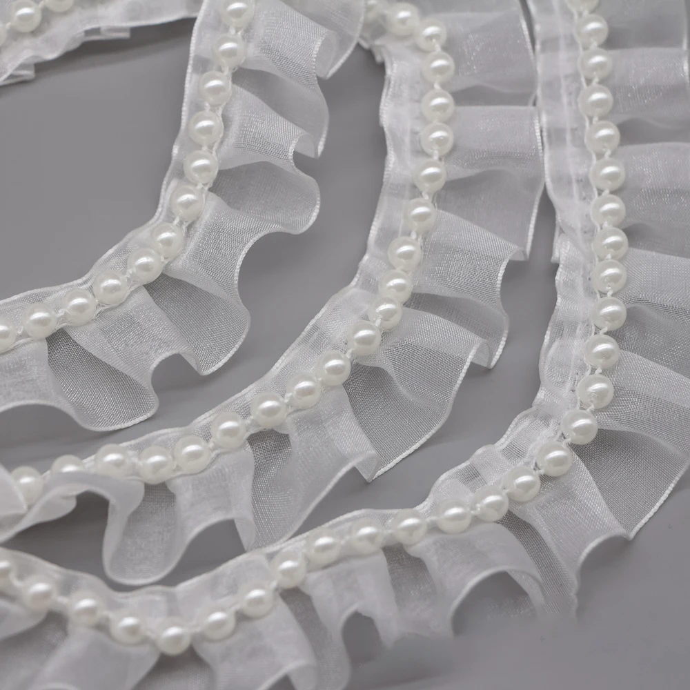 

Ruffled Pearl Lace Trim With Pleated Organza Ribbon For Wedding Dress Collar Clothing Home Textile And Diy Crafts Sewing Supply