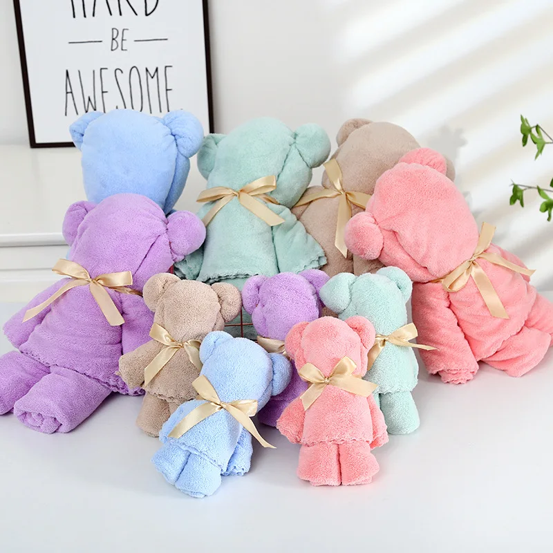 

2Sets Creative Towels Bear Shape Hand Towels with Mesh bag Coral velvet Face Washing Towel Party Wedding Gift Soft and Absorbent