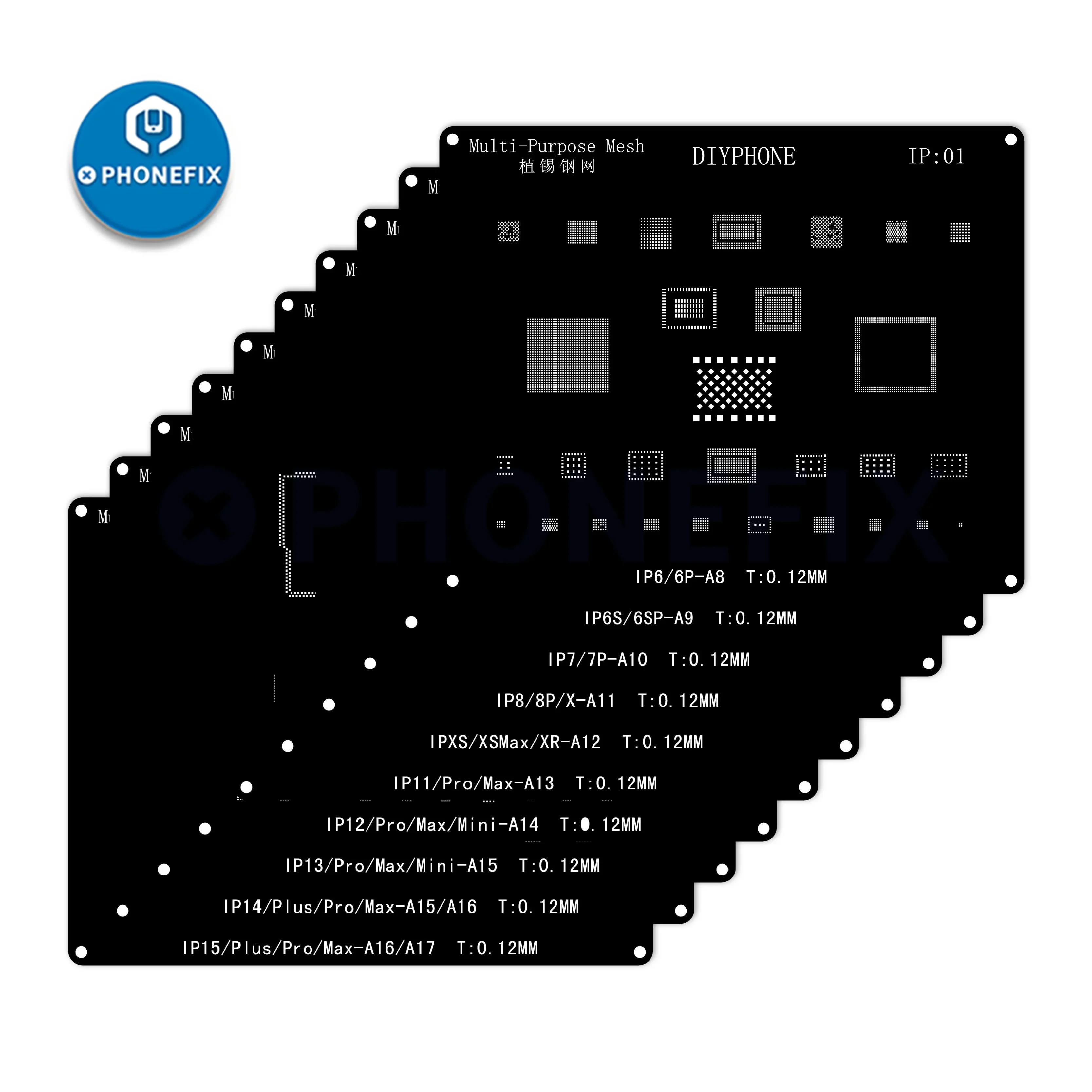 Набор трафаретов для реболлинга DIYPHONE BGA iPhone 16 15 14 13 11 12 ProMAX X XR 8P 8 7P 7 6 черная