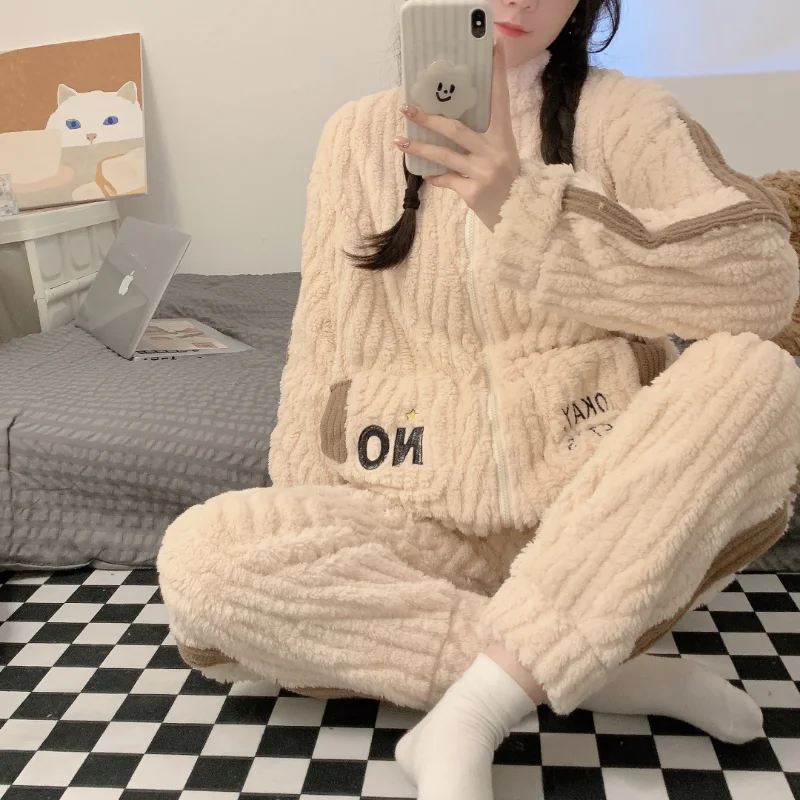 Winter Pajamas Women's Plush Long Sleeve Set Zipper Solid Color Embroidered Coral Velvet Women's Warm Casual Loose Home Dress