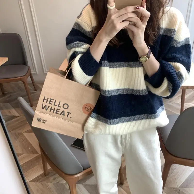 

2022 Autumn Winter Long Sleeve Striped Pullover Women Sweater Knitted Sweaters O-Neck Tops Korean Pull Femme Jumper Female N13