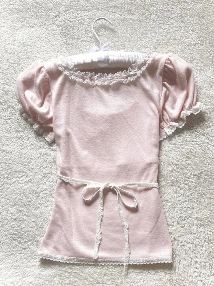 Фото Футболки Ropa Mujer, женская одежда, кружевные футболки с короткими рукавами и круглым вырезом, модная повседневная летняя футболка в Корейском стиле, каваи №5
