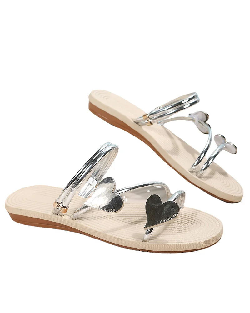 Women Summer Shoes Vacation Round Toe Open Toe Heart Pattern Multi Strap Beach Slippers Sandals
