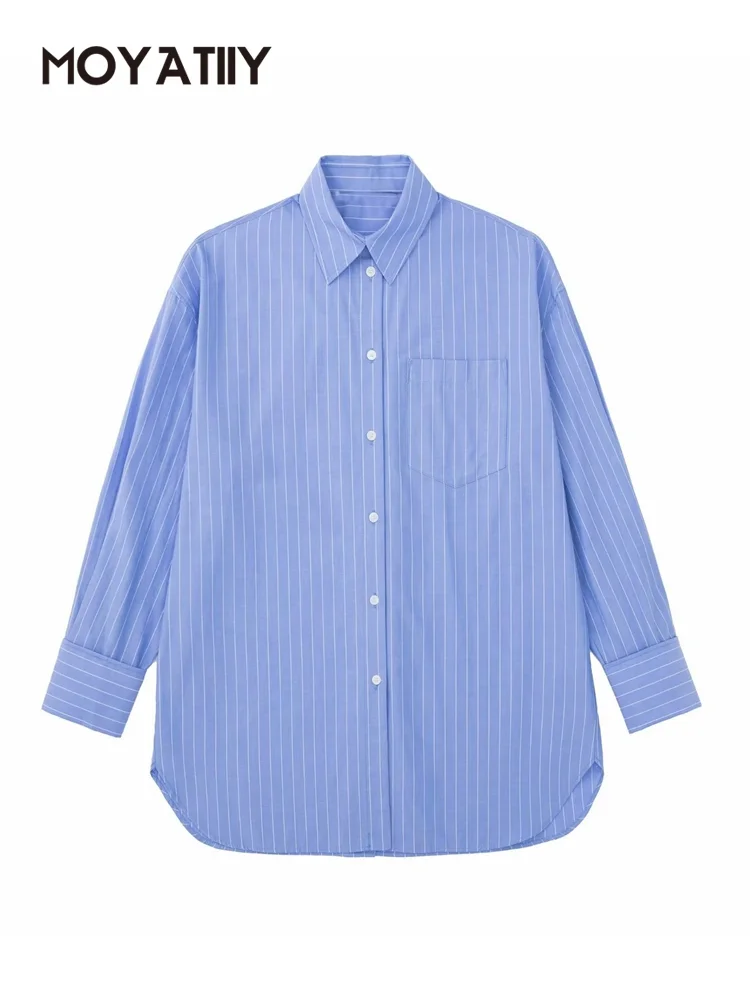 

MOYATIIY Women 2022 Fashion Spring Shirt Pocket Cotton Striped Oversized Blouses Shirts Long Sleeve Front Button Female Tops