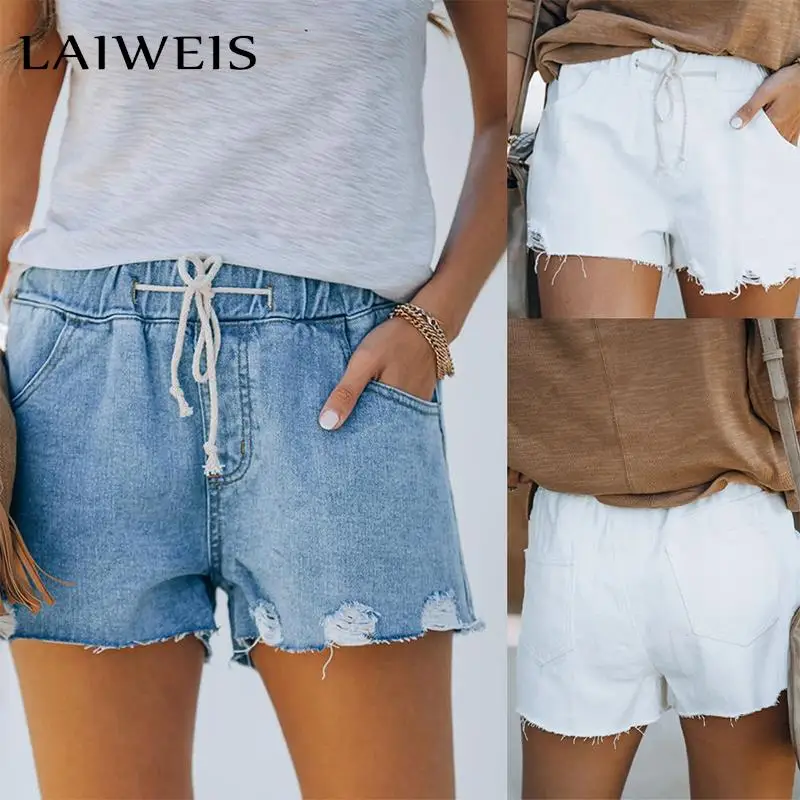 

LAIWEIS Women's Slim Elastic Waist Denim Casual Shorts Women Fashion Jeans Drawsting Pockets Spring Summer Ripped 2022 New