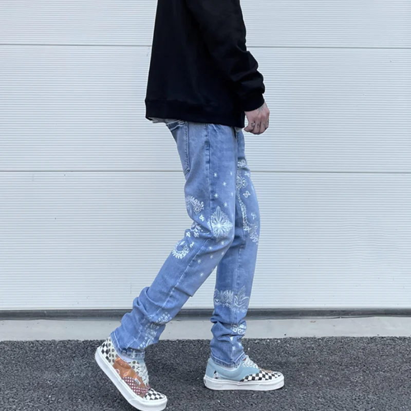 Mens High Street Paisley Print Denim Jeans Casual Hip Hop Distressed Jeans Slim Fit Skinny Denim Pants Joggers Streetwear Men