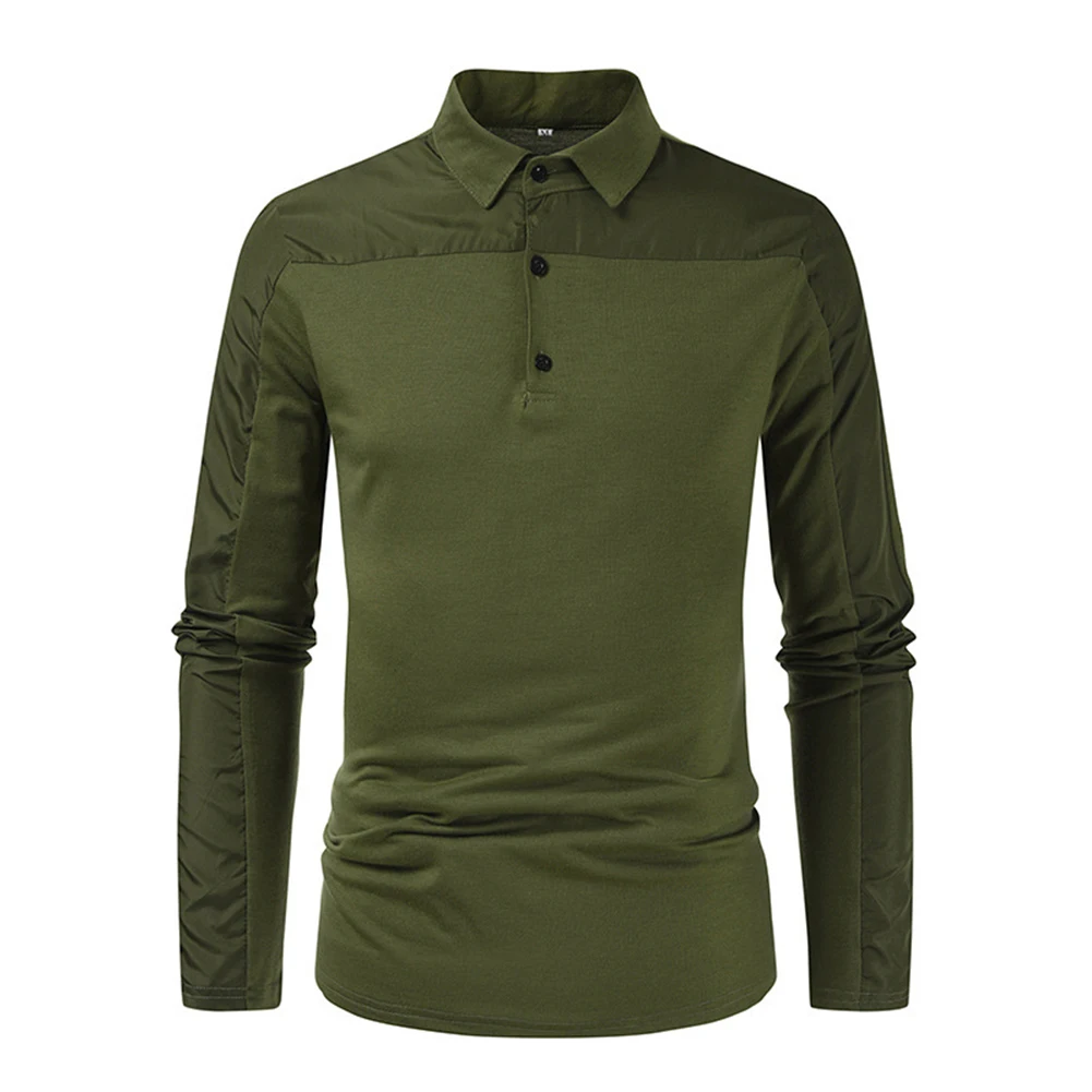 

Comfortable Coffee Lapel Shirt Contrast Color Tshirt Tee for Men Long Sleeve Casual Top Suitable for Spring S