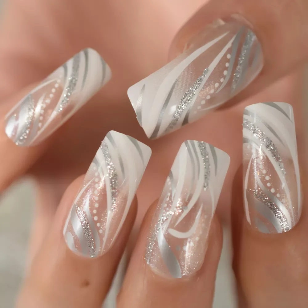 

NEW Shaped Acrylic False Nails Silver Shimmer Glitter Gradient White French Fake Nail Salon Full Cover Nail Art Tips