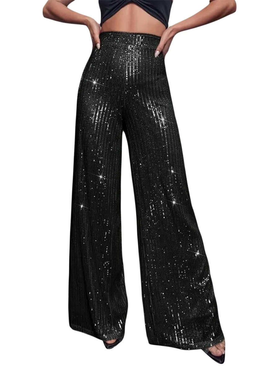 

Women High Waist Shiny Sequin Wide Leg Pants Bling Sparkly Elastic Loose Palazzo Pants Trousers for Club Party (A Black S)