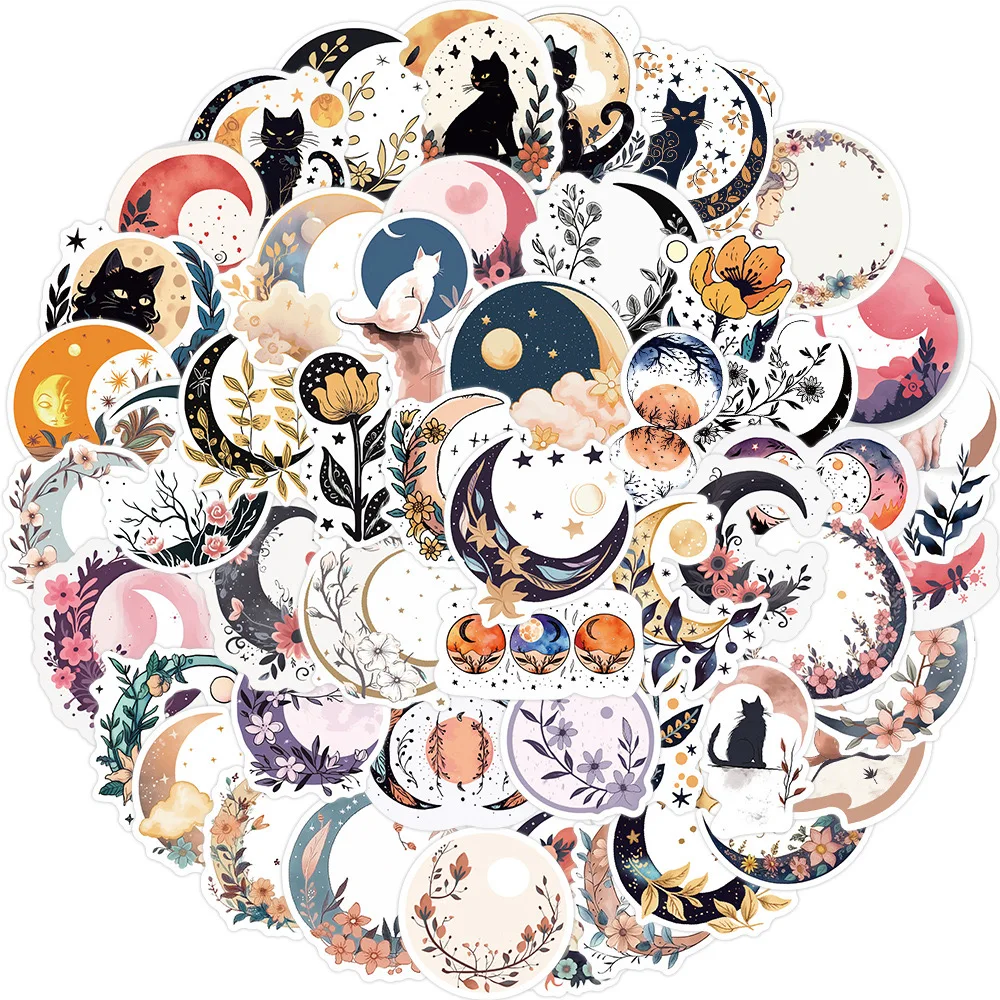 

10/50/50PCS Art Bohemia Moon Cat Flowers Stickers Aesthetic Retro Boho Cartoon Decals for Laptop Scrapbooking Notebook Sticker