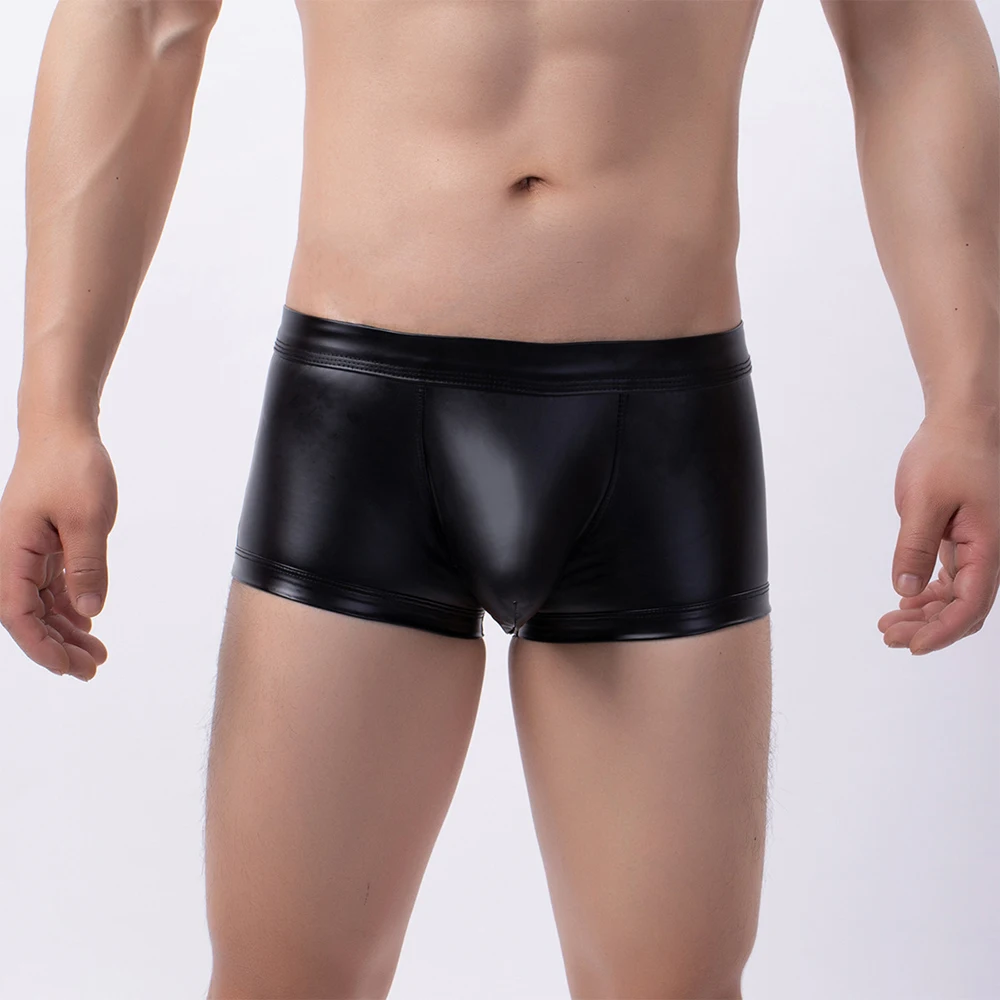 

Mens Faux Leather Trunks Boxer Shorts U Shaped Pouch Sexy Double Open Back Breathable Buttocks Boxers Men Underwear Underpants