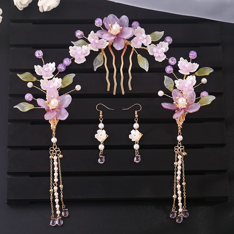 

Antique Glass Edge Clip Hair Comb Fringed Hairpin Chinese Brides Hair Jewelry Set