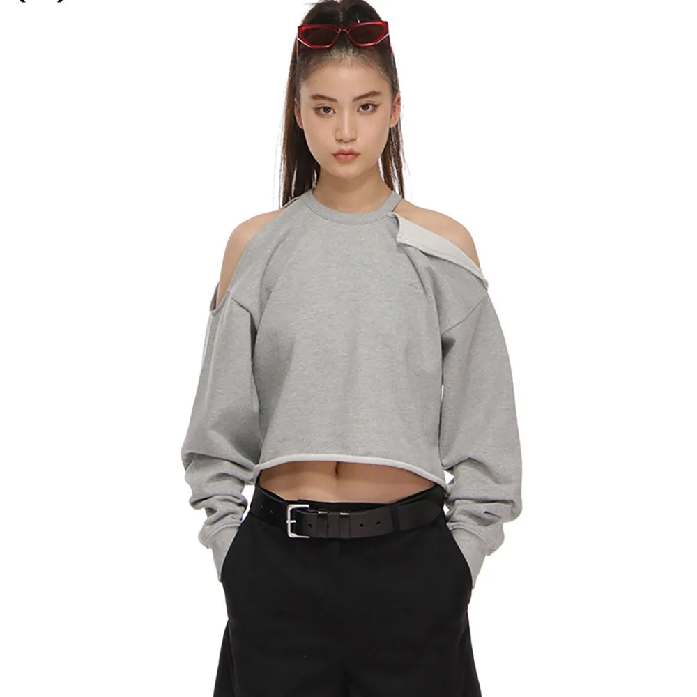 

Grey Irregular Short Long-sleeved Women's T-shirt 2022 Early Autumn New Round Neck Off-shoulder Simple Fashion Casual Top Tees