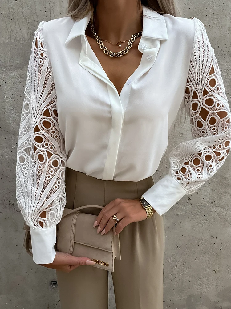 

White Lace Patchwork Shirts Women Sexy Hollow Out Long Sleeve Blouse Office Ladies Autumn Elegant Fashion Button Up Mesh Tops