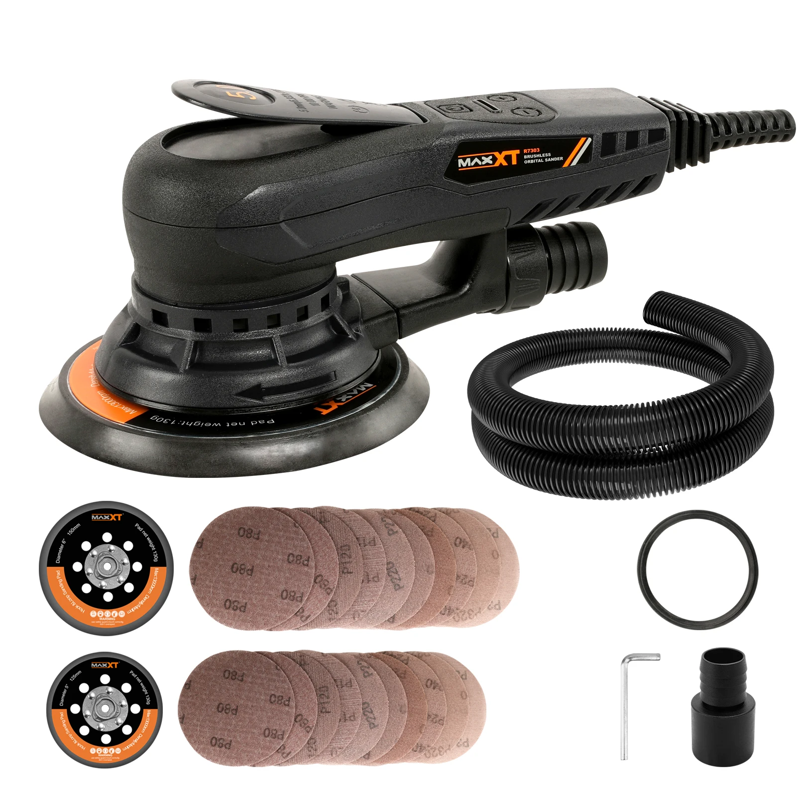 MAXXT Electric 5mm Orbital Sander Palm Sander with Brushless Motor 150mm&125mm Sanding Pads Central Vacuum