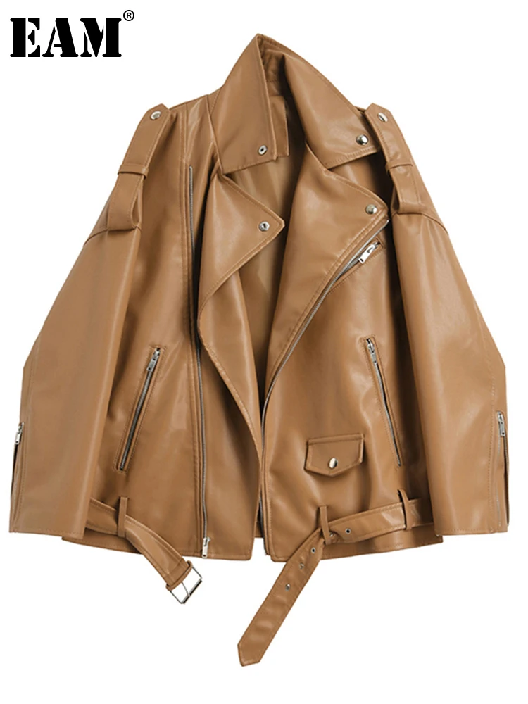 

[EAM] Loose Fit Pu Leather Brown Big Size Jacket New Lapel Long Sleeve Women Coat Fashion Tide Spring Autumn 2022 1DE0636