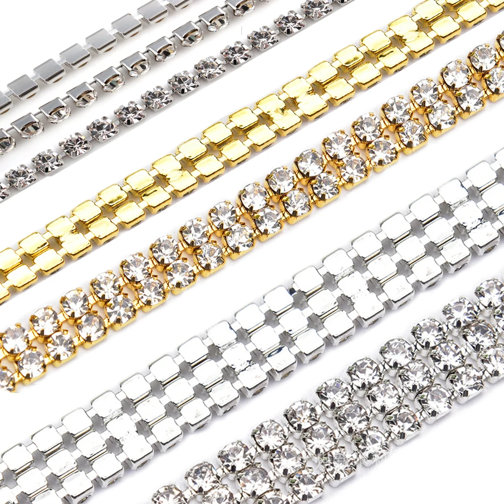 

1Yard 2 Rows Dense Claw Cup Rhinestones Chain Gold And Silver Flatback Glitter Crystals Stones Sewing Rhinestones for Clothing