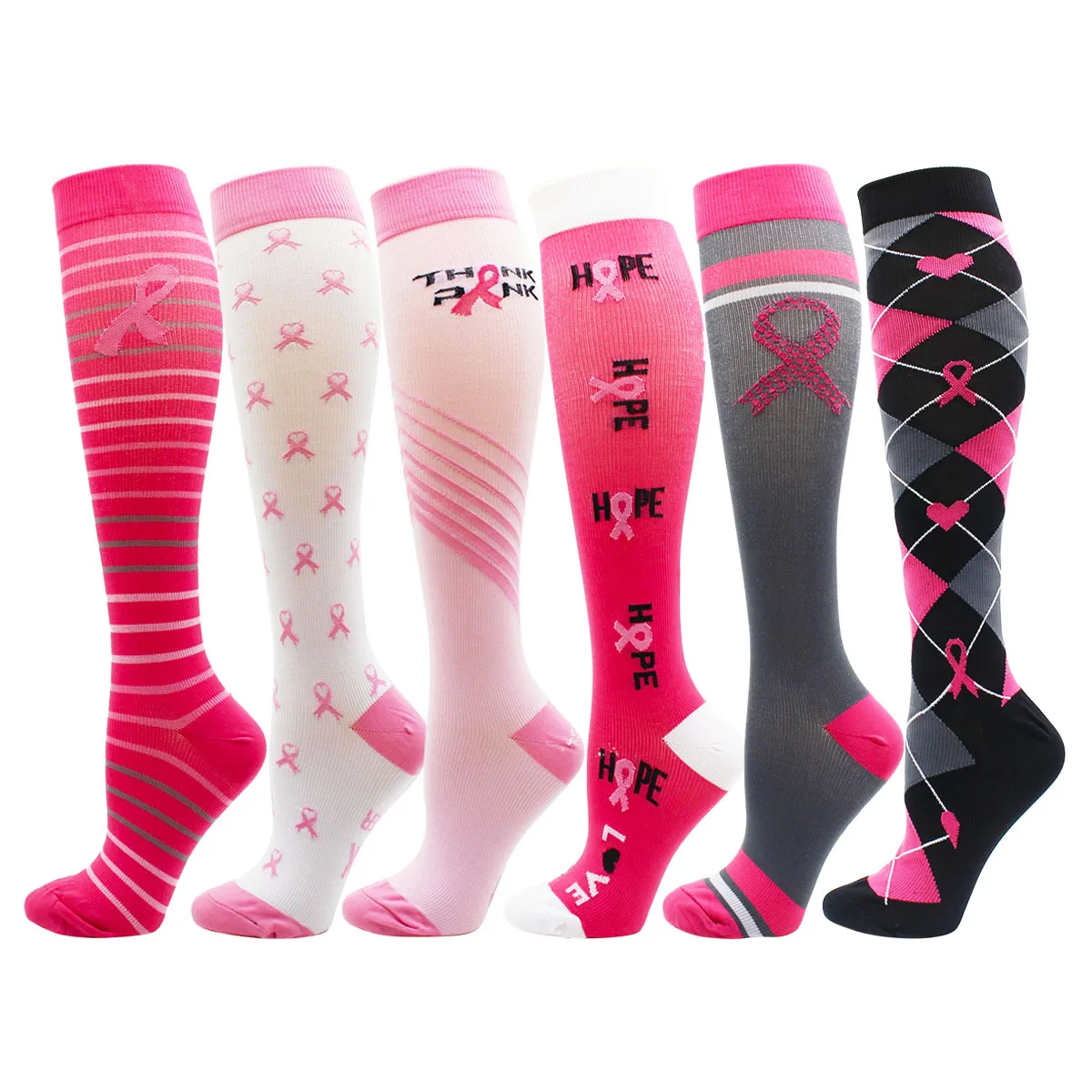 Wholesale Women and Men Compression Socks Running Cycling Sports Socks Knee High Red Ribbon Socks 15-20mmHg Diabetic Veins Socks