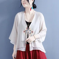 2022 woman traditional chinese qipao cotton linen flower embroidery hanfu tops chinese casual vintage tang suit chiffon cardigan