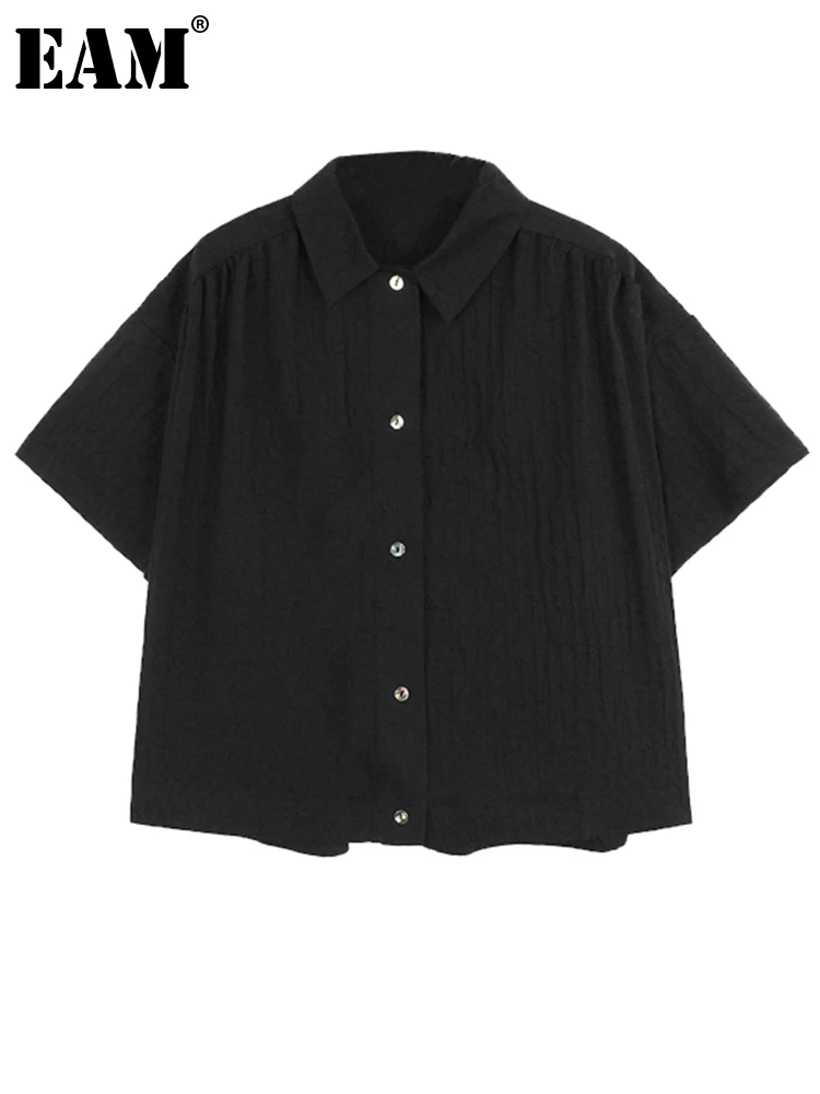 

[EAM] Women Pleated Shell Button Big Size Blouse New Lapel Short Sleeve Loose Fit Shirt Fashion Tide Spring Summer 2023 1DF9919