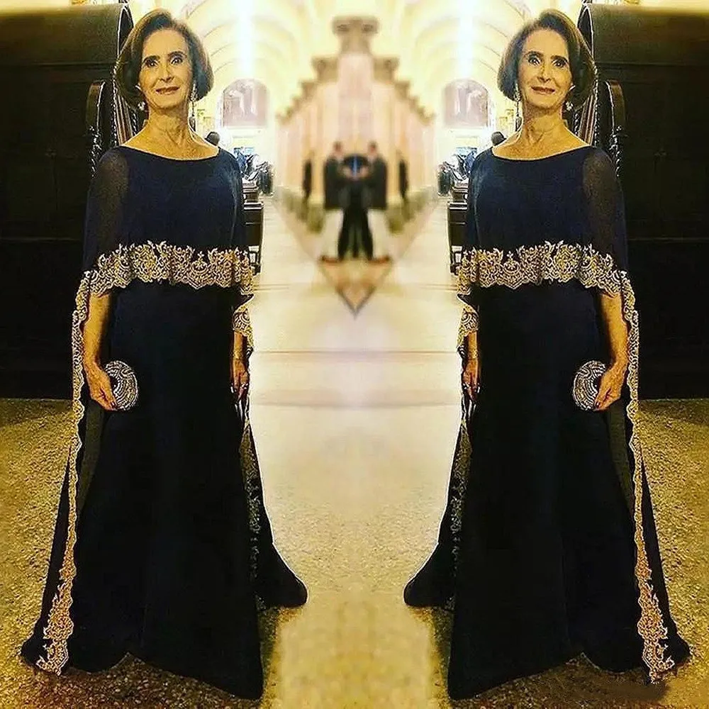 

Navy Blue Chiffon Mother Of The Bride Dresses With Cape Cloak Gold Appliques A-Line Plus Arabic Formal Evening Mother Gowns New