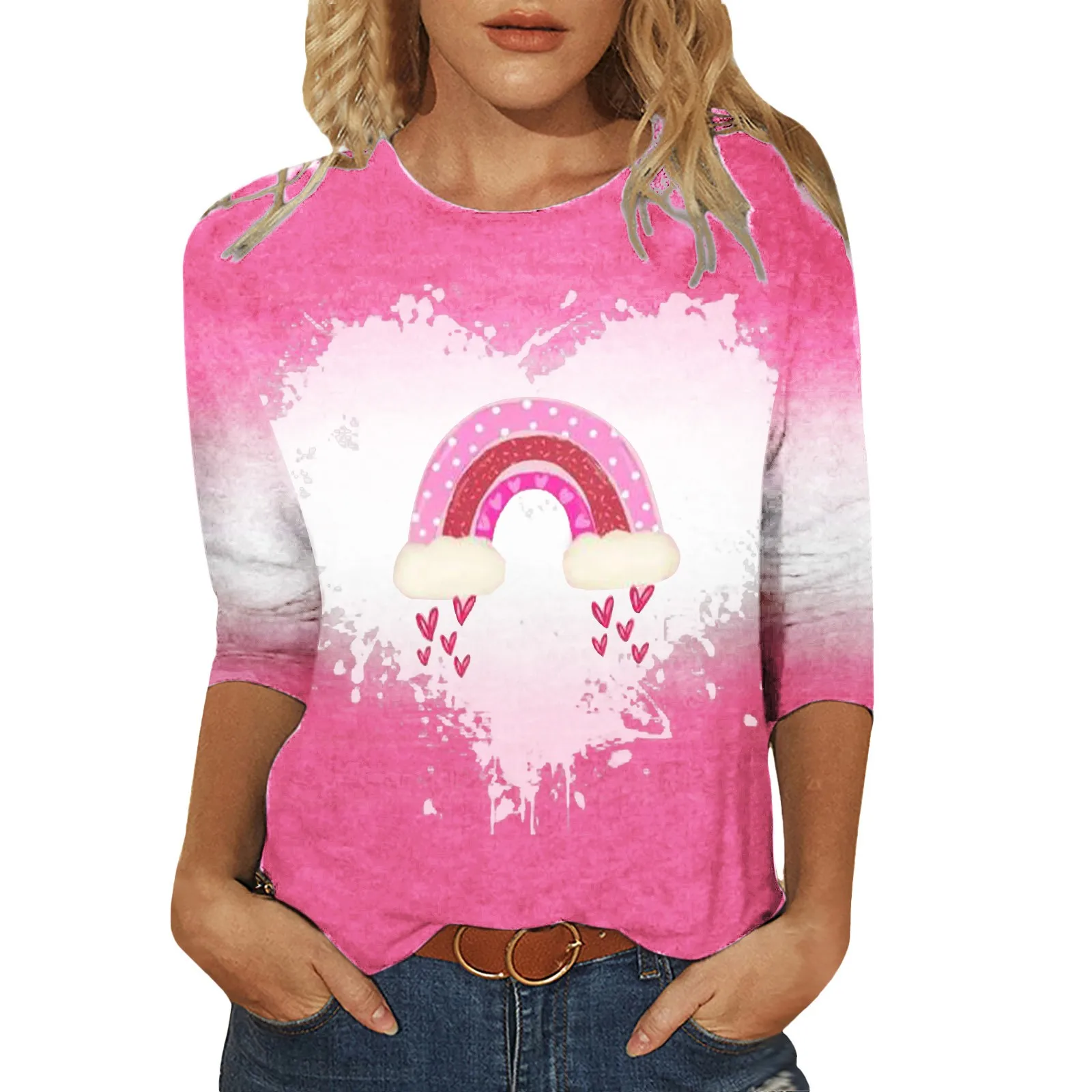 

Womens Casual Tops Three Quarter Sleeve Round Neck T Shirt Loose Valentine's Long Sleeve Shirts for Women Womens Shirts Summer
