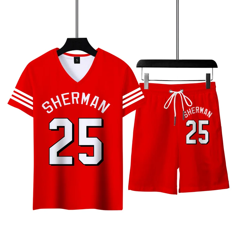 

Комплект спортивной одежды для мужчин из 2 предметов, летние шорты с коротким рукавом, модная одежда с V-образным вырезом для футбола и баске...