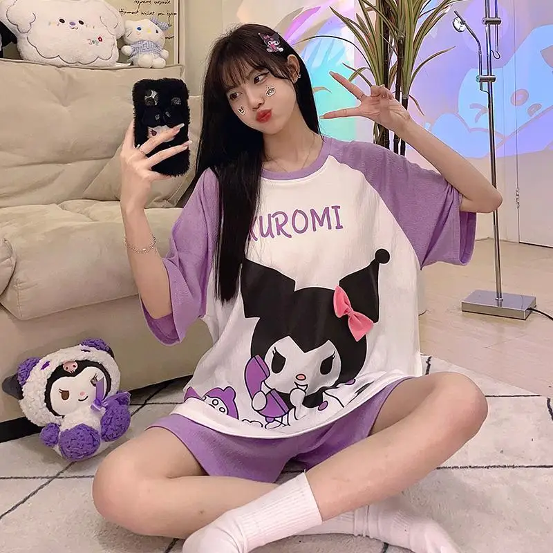 

Sanrios Kuromi My Melody Women's Cotton Short Sleeve Pajamas Set Cartoon Cute Summer with Chest Pads Wearable Anime Loungewear