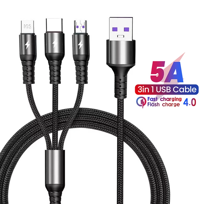 

5A 3In1 Super Fast Charging USB Type C Cable For iPhone 14 13 12 Pro Max Samsung Xiaomi Huawei Wire Cord Micro USB Charger