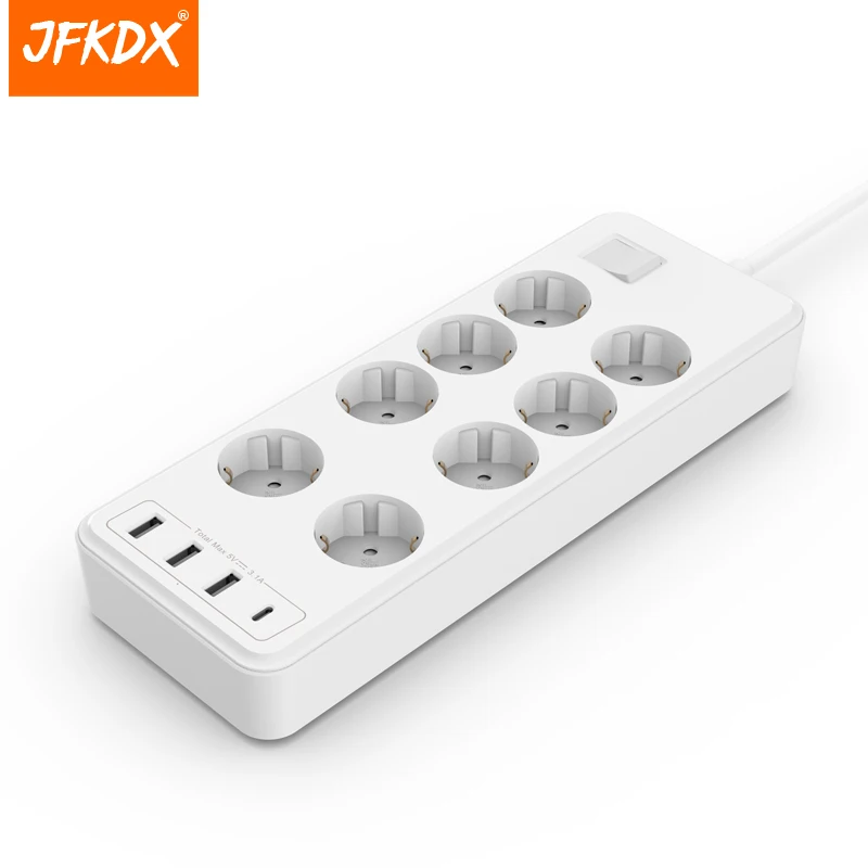

JFKDX EU Plug Power Strip Surge Protector with 8 Outlet 4 USB Port PD 3.1A Fast Charging 1.5m Extension Cable Network Filter